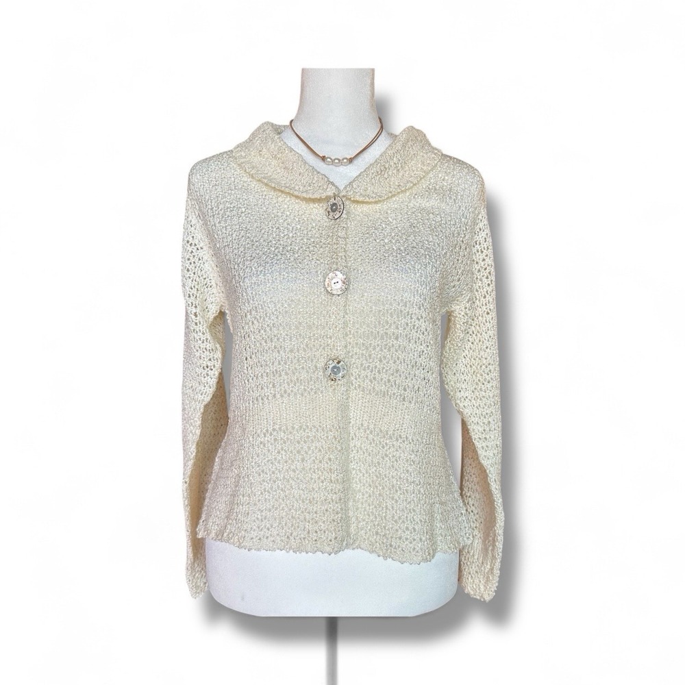 Women’s Button Front Chunky Knit Cardigan Sweater S Cream 90s Cottagecore‎